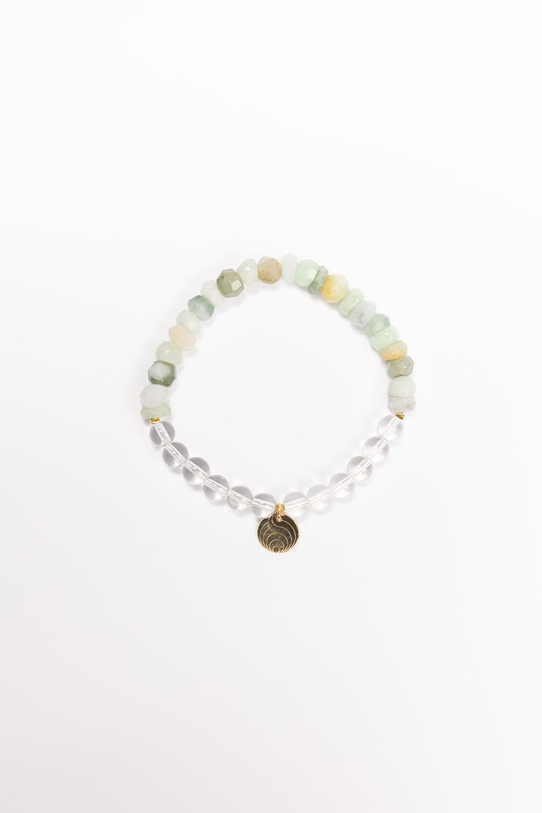 NUYU Armband „Nature“ mit Jade und Bergkristall, steht für Klarheit, Intuition, Gleichgewicht, Ausdauer, Harmonie, Jade Kugeln nicht alle gleich rund, elastisches Band